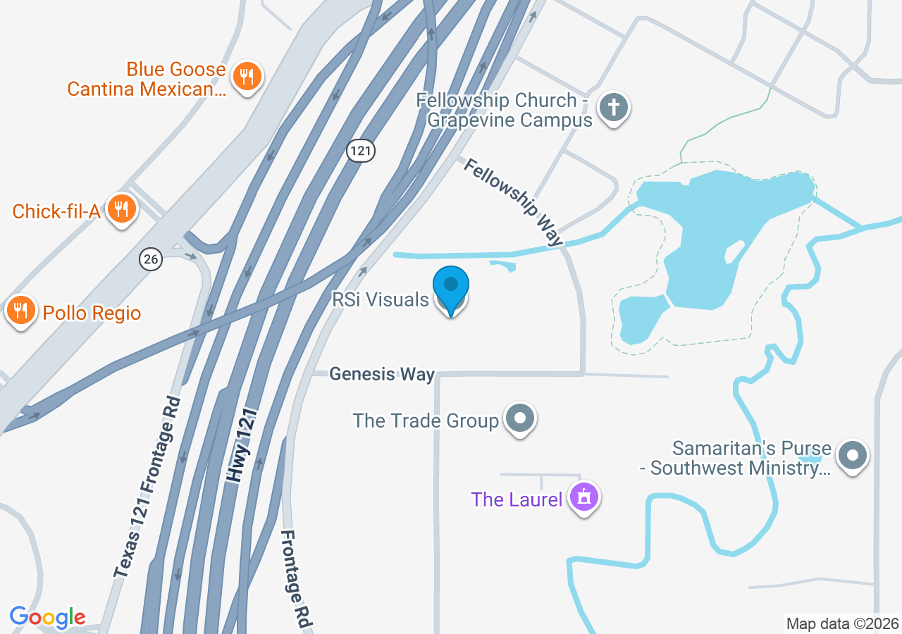 Map showing RSi Visuals location at 2100 State Highway 121, Grapevine, TX